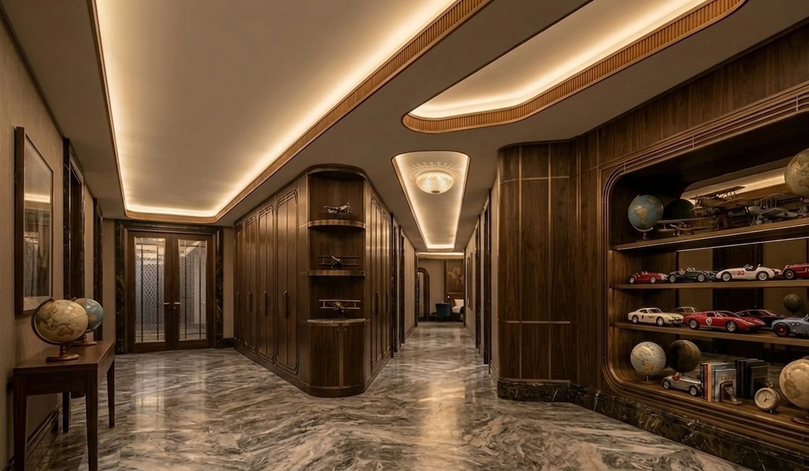 antique ceiling light illuminating hallway with globes and models