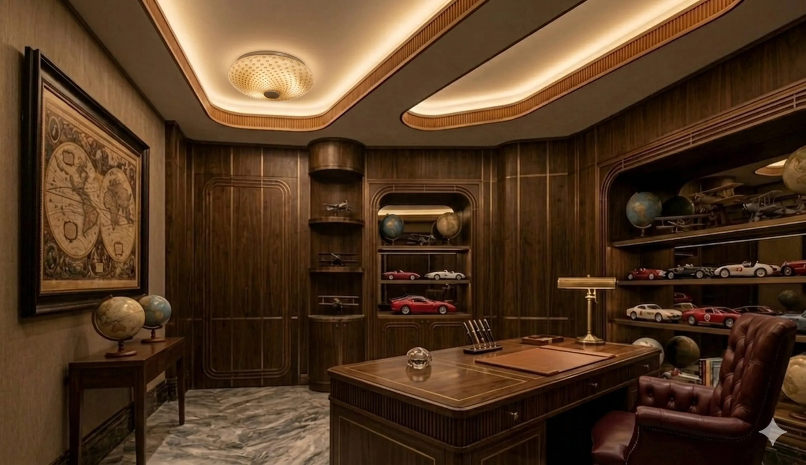 Antique ceiling light illuminating an elegant study