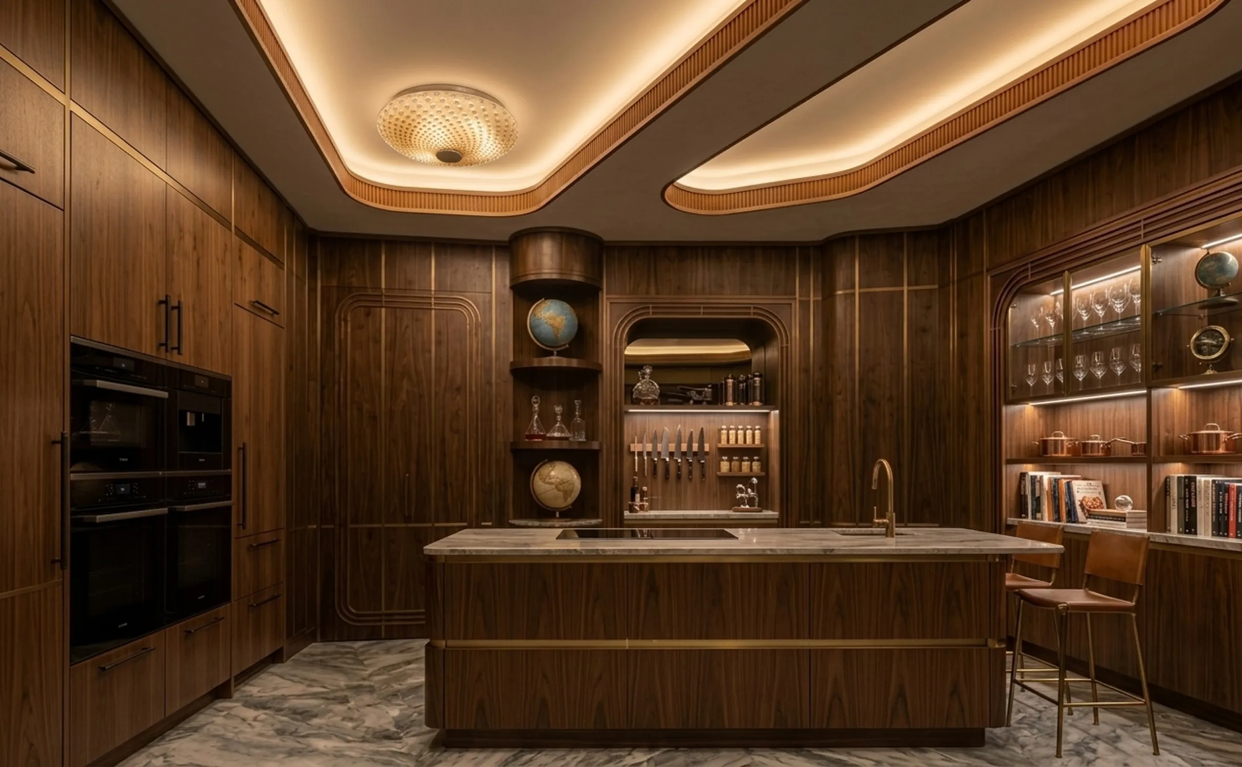 antique ceiling light in a modern kitchen with wood finishes