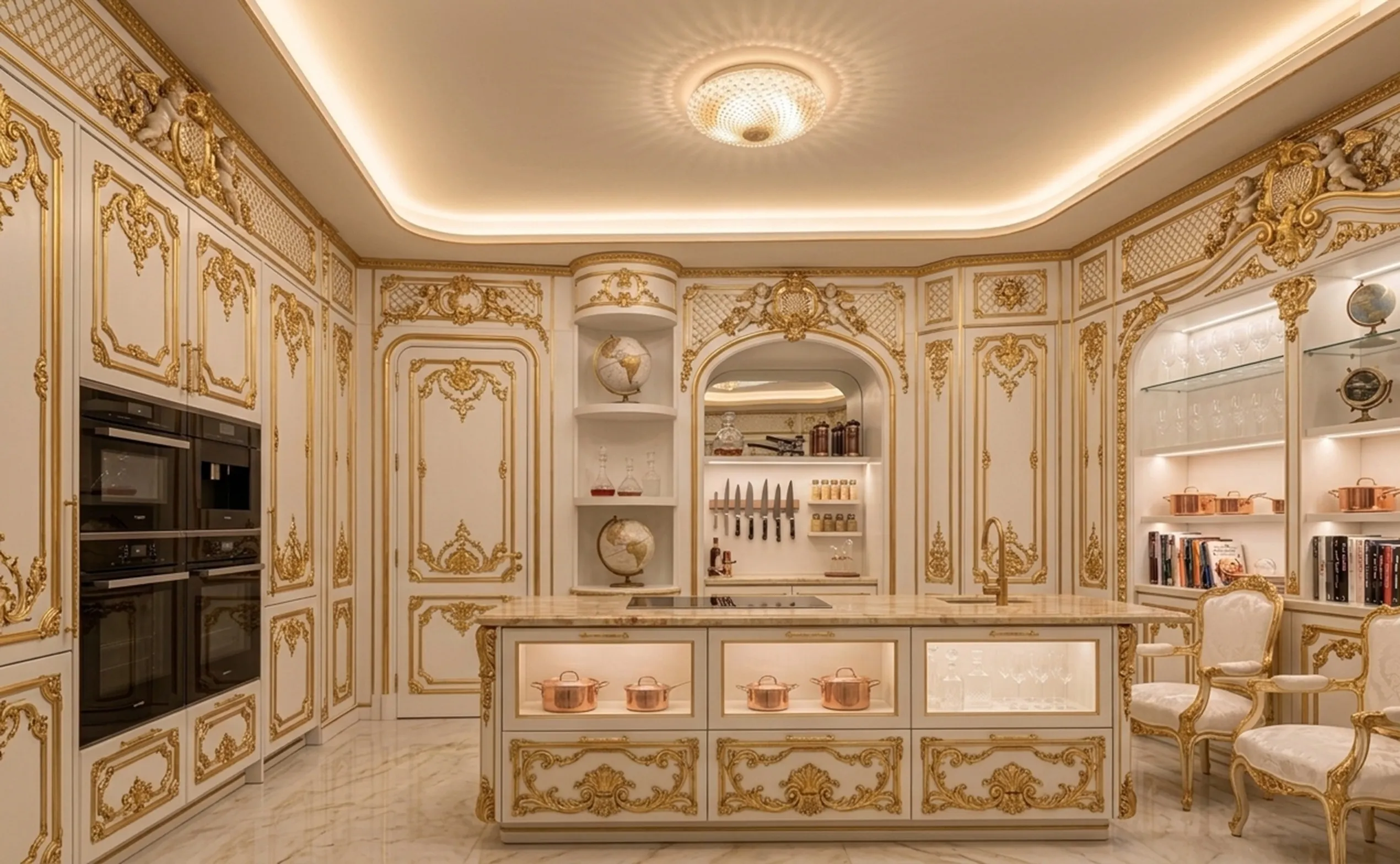 antique ceiling light in an elegantly decorated kitchen