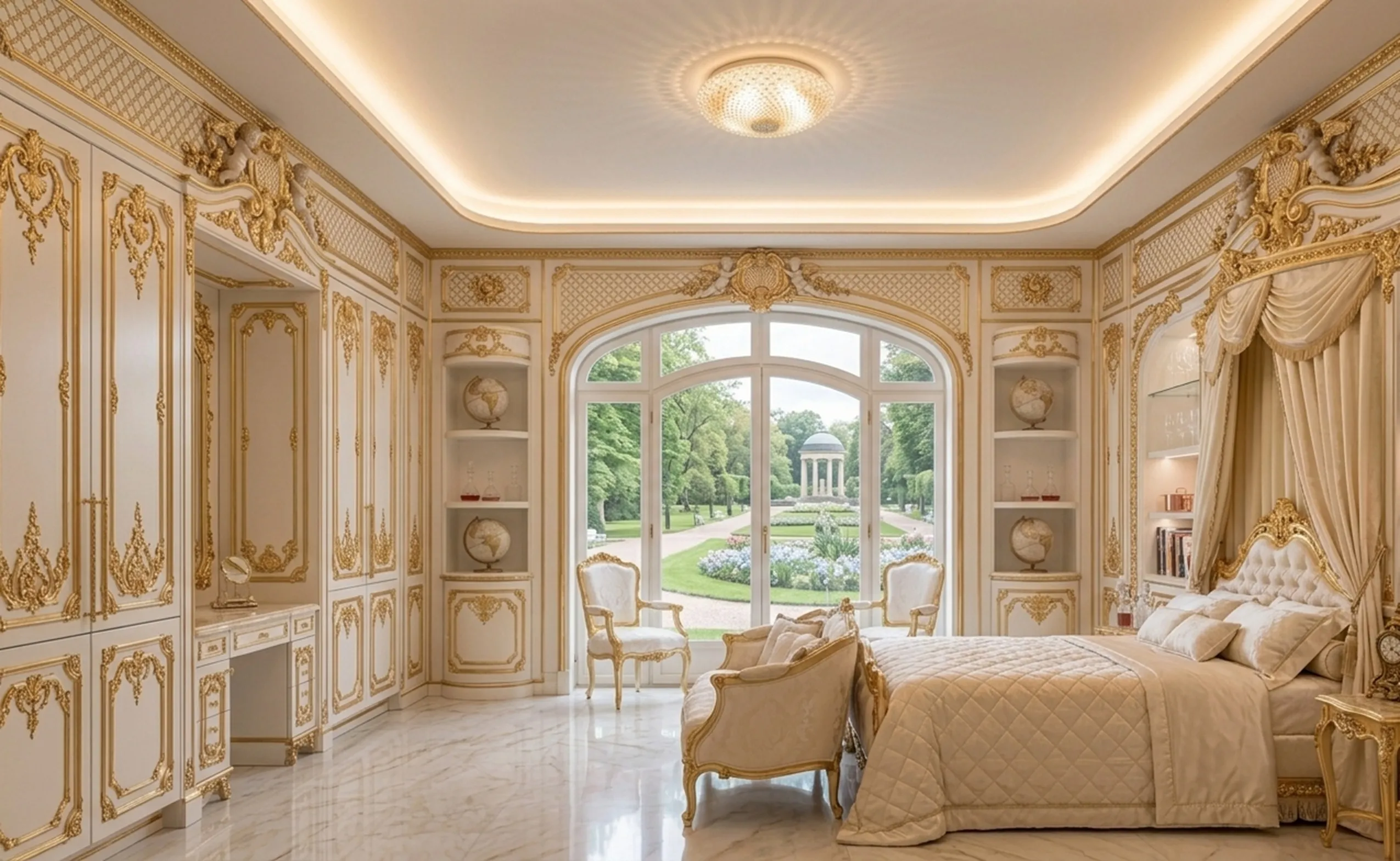 antique ceiling light in stylish room with classic furniture