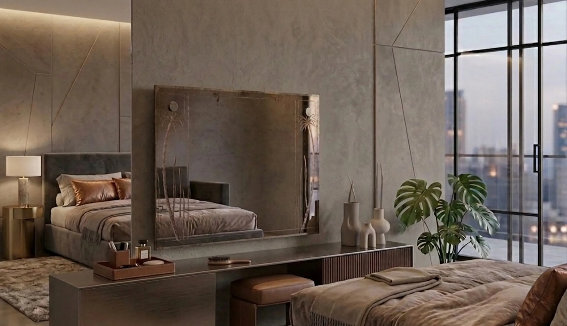 specchio antico decorativo in ambiente moderno con letto e piante