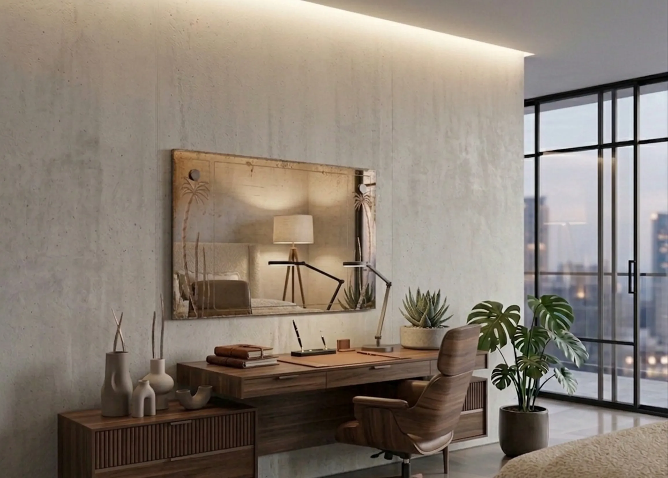 Espelho antigo com design decorativo moderno em um ambiente minimalista