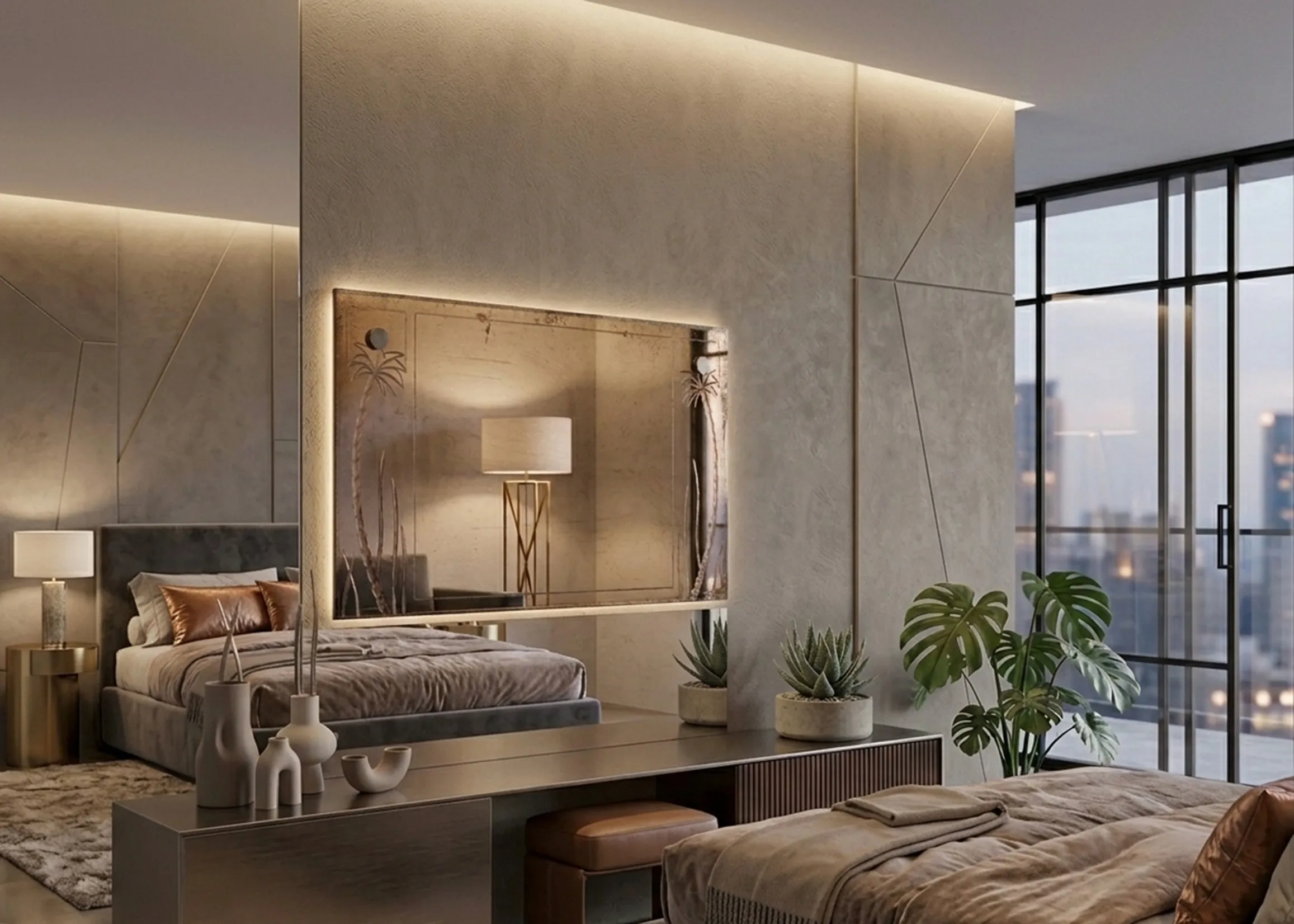 现代卧室中的古董装饰镜子和植物