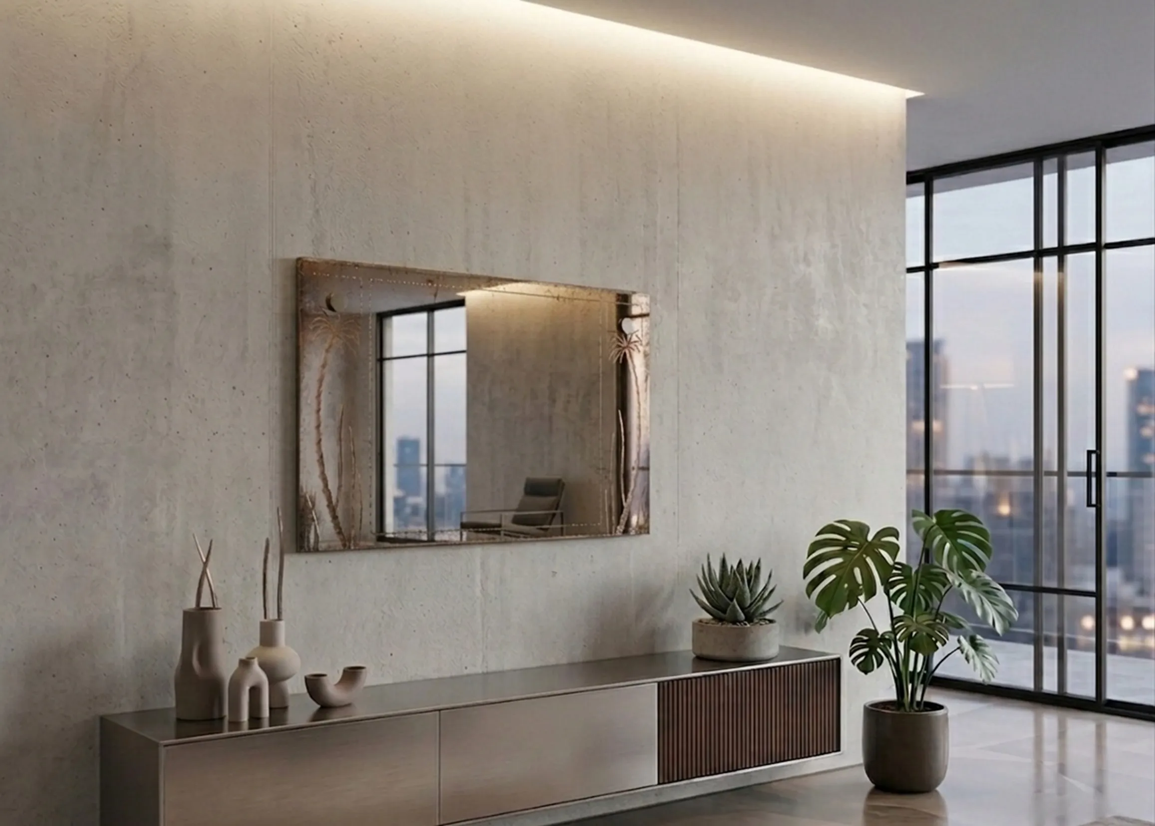 specchio antico decorativo sulla parete con piante e mobili