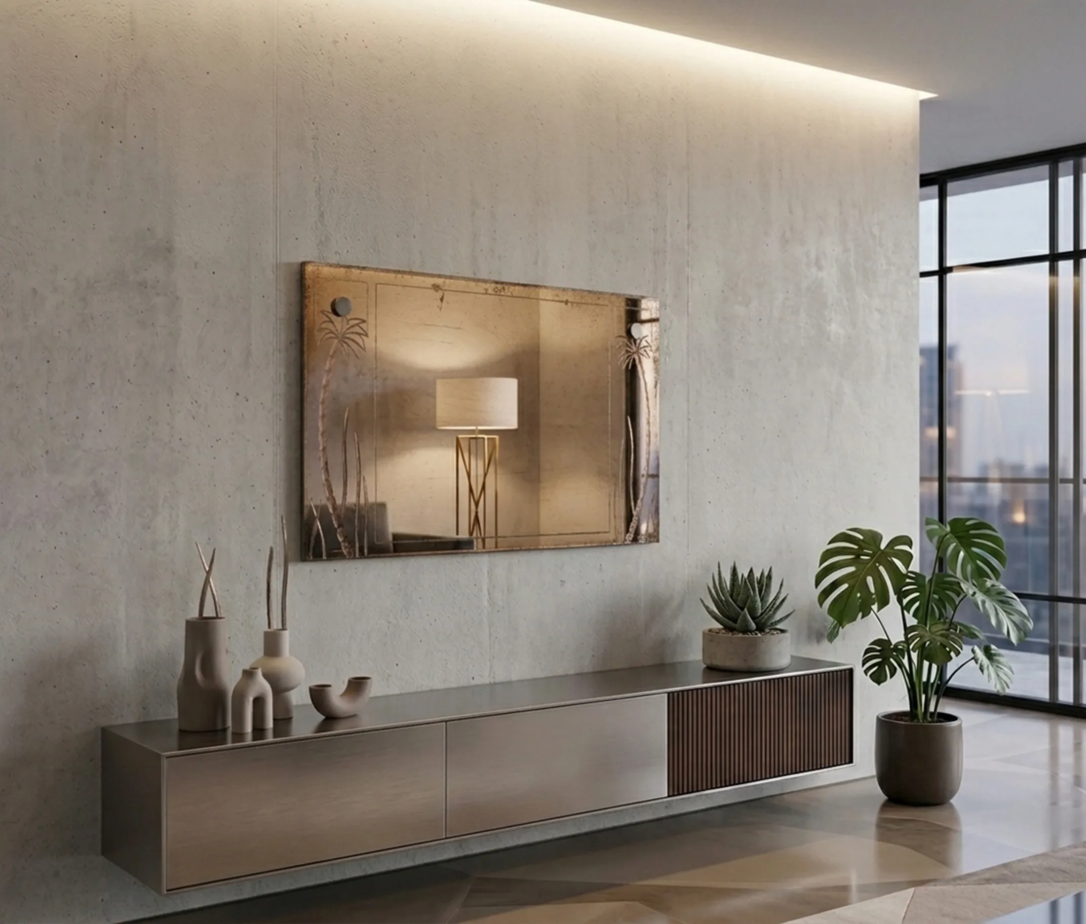 Espelho antigo decorativo em uma parede moderna, com detalhes claros.