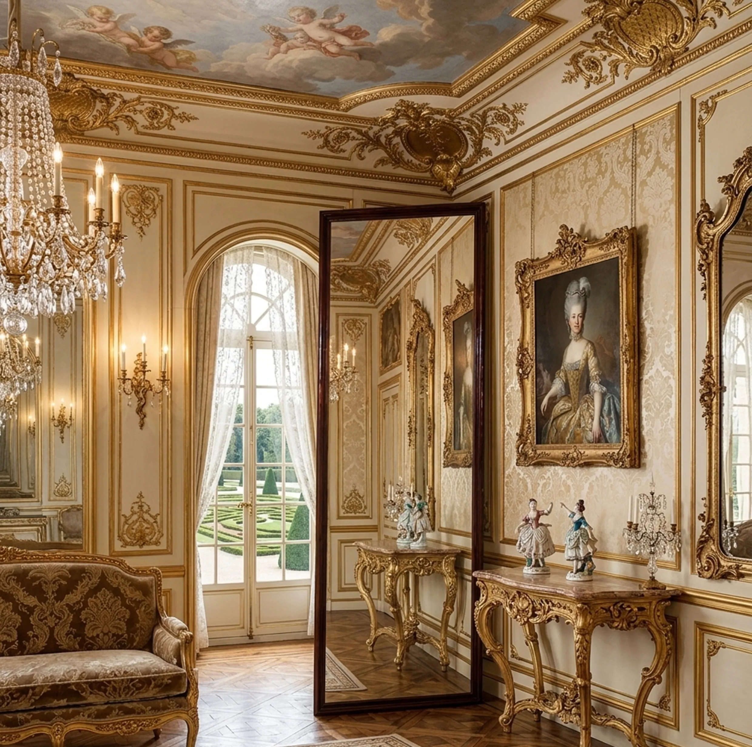 Espejo antiguo decorativo en una habitación elegante con candelabros y arte