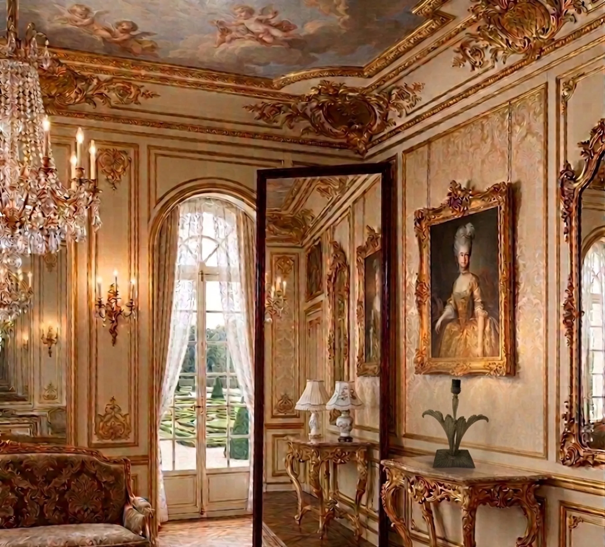 Antique decorative table lamp in an elegant room with a mirror and paintings.