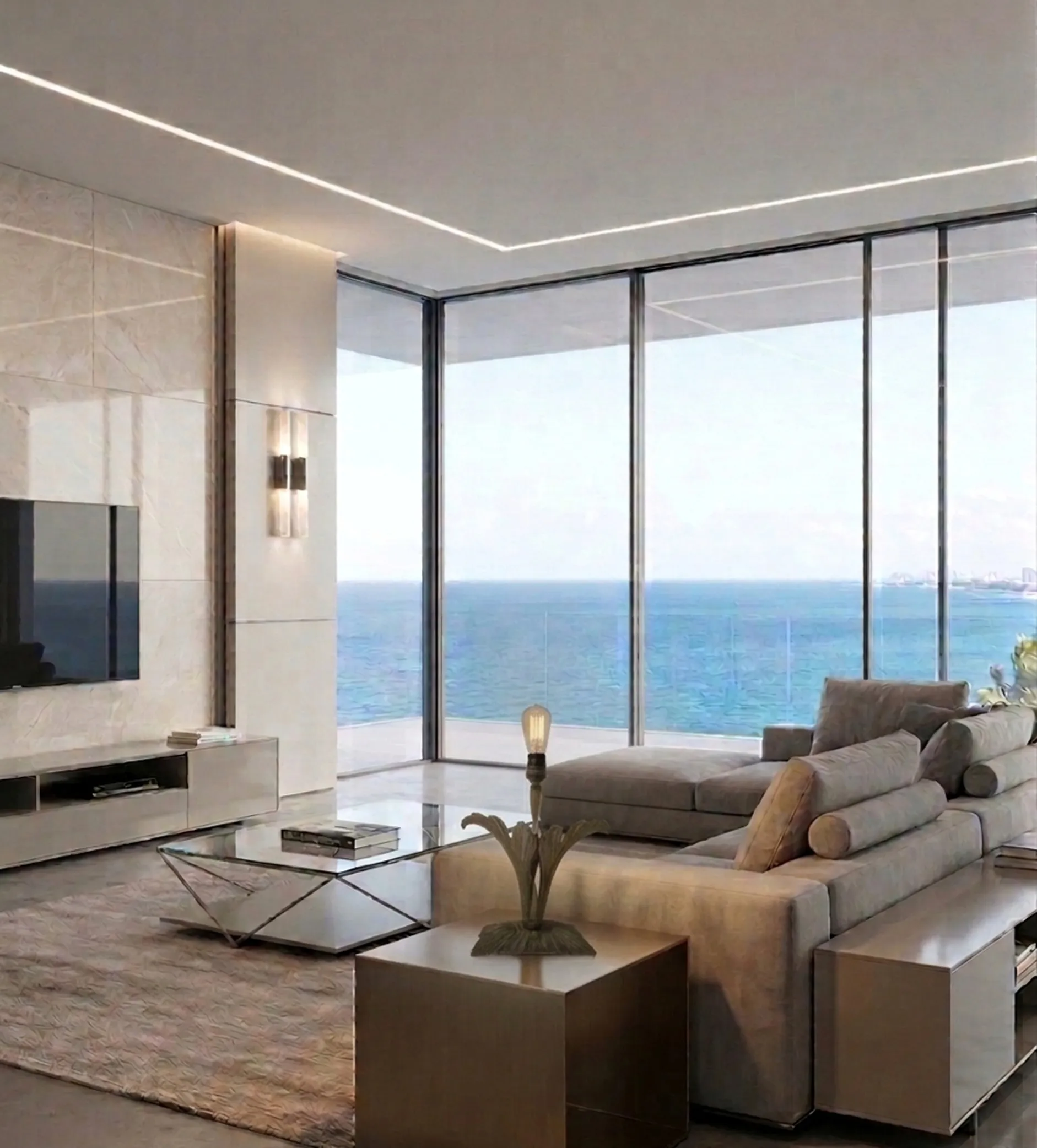 Lampada da tavolo antica con design elegante in soggiorno moderno di fronte al mare.