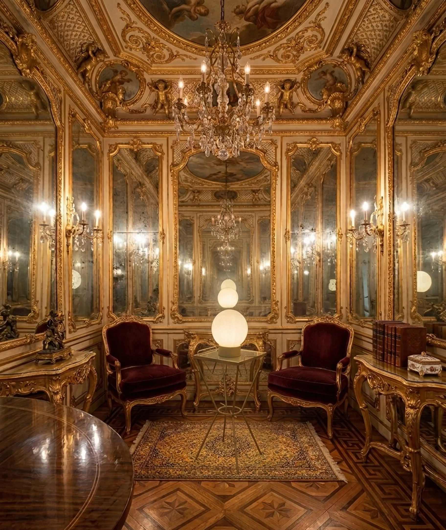 An antique table lamp with elegant design in a luxurious decorated setting, next to chairs and golden ornaments.