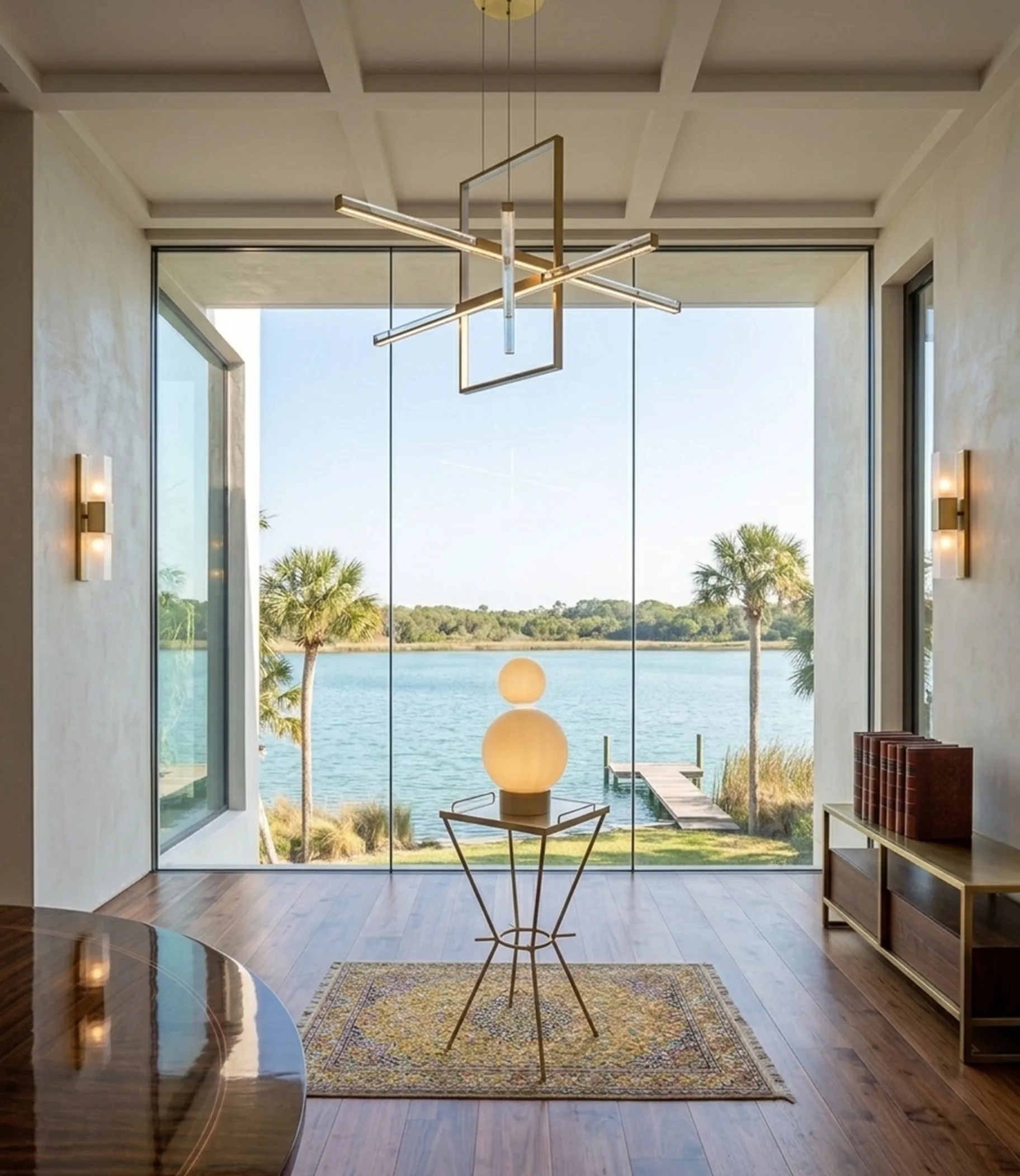 antique table lamp with spherical design and elegant base, illuminating a bright space with a view of the water