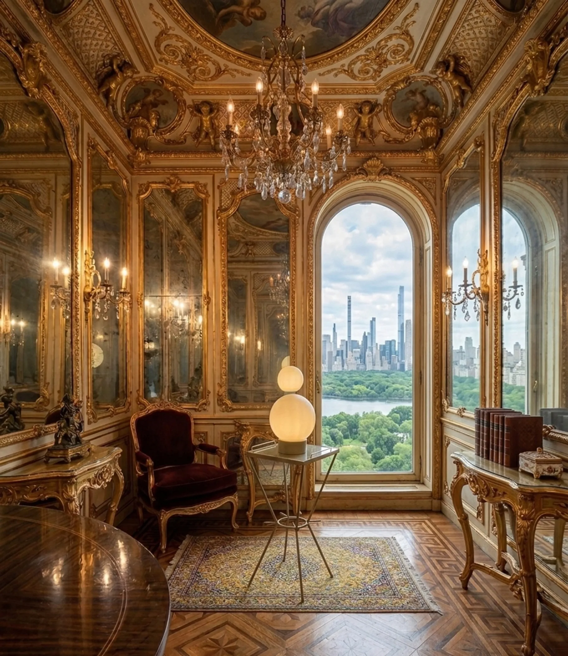 Zwei antike kleine Tische in einer eleganten modernen Umgebung mit Ausblick.