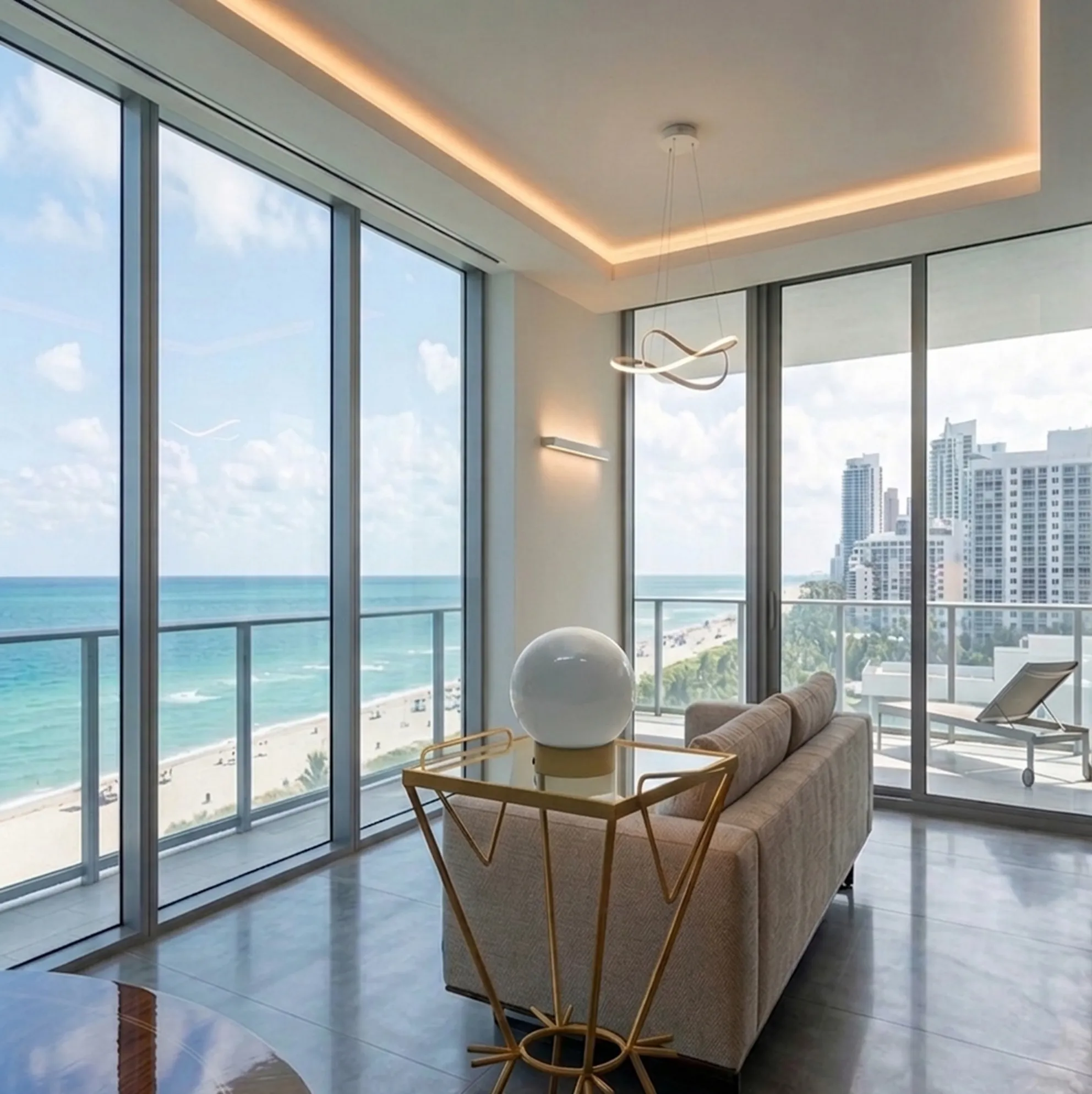 2 antique small tables in a modern room with ocean view