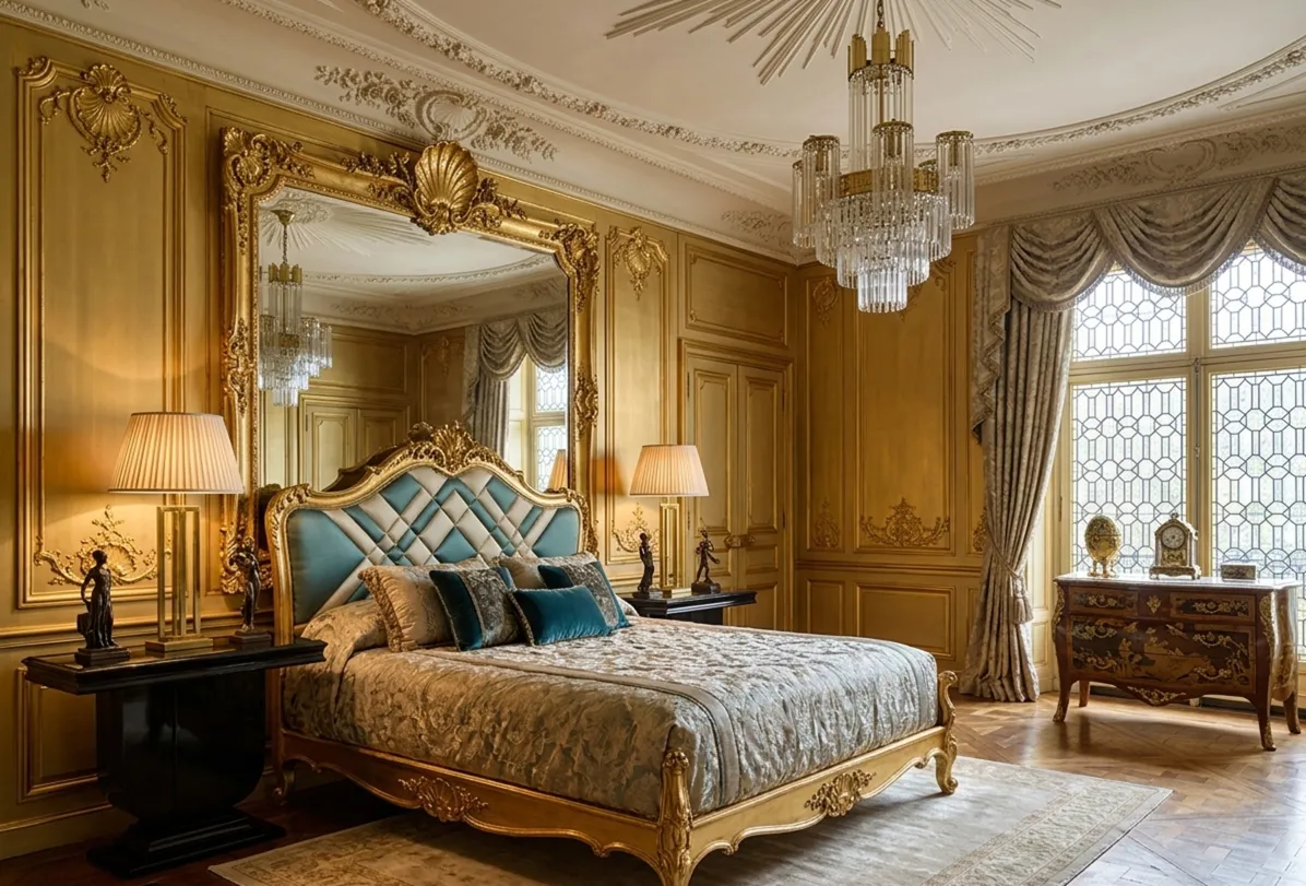 elegante Dekoration mit antiken zwei Konsolentischen im Schlafzimmer