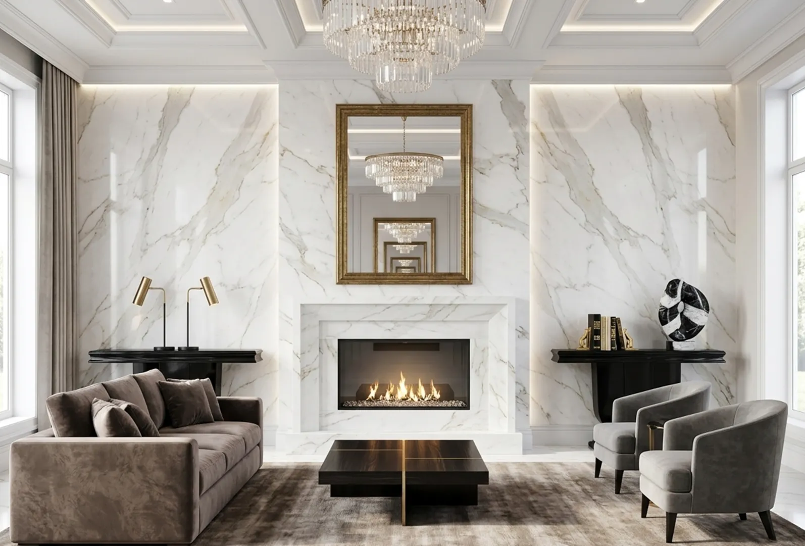 two antique consoles in an elegant room with lamps and a fireplace