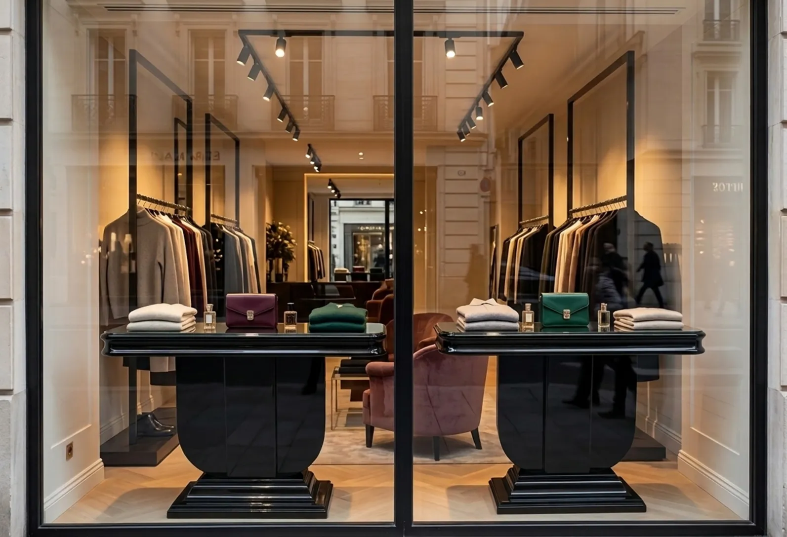 Vista de vitrine com 2 consoles antigas de estilo art deco e roupas