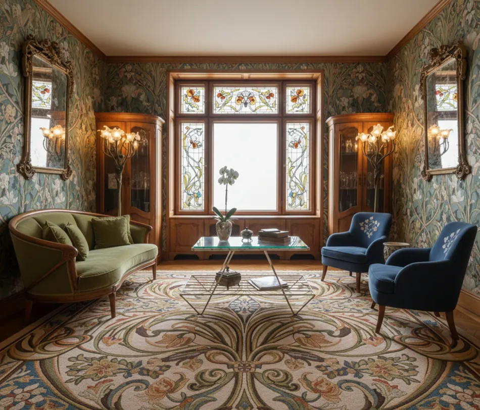 Tavolo antico rettangolare in un elegante soggiorno, circondato da sedie blu e decorazioni artistiche.