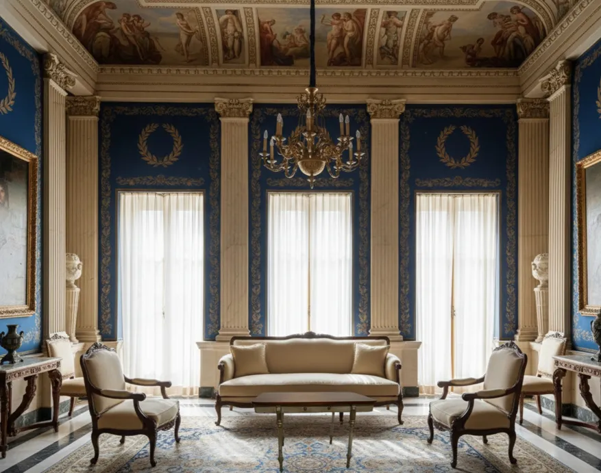 Tavolo antico da giardino con sedie eleganti e decorazioni.