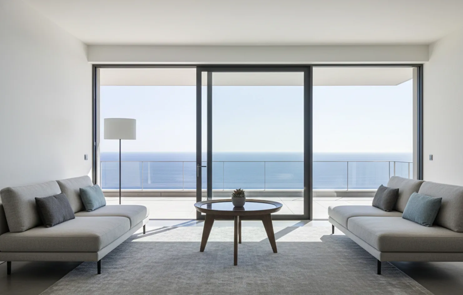 Table basse ancienne dans un salon moderne avec vue sur la mer