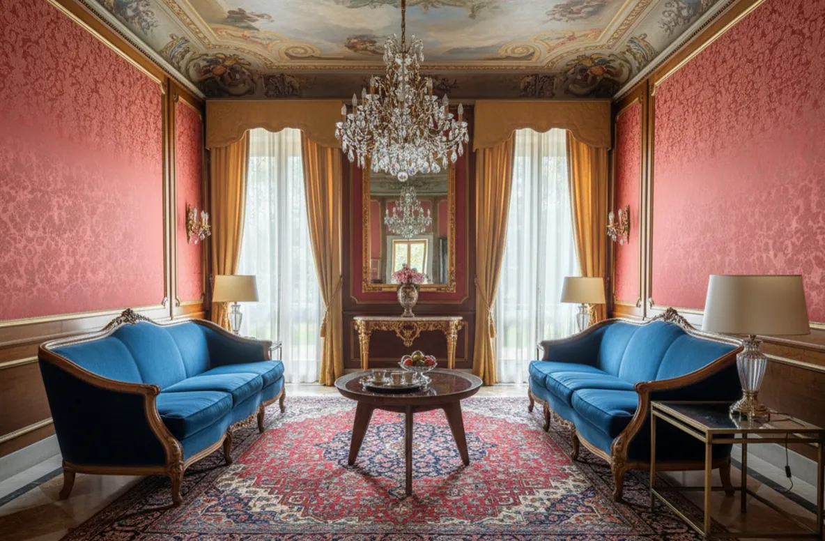 Mesa ratona antigua de Charlotte Perriand, elegante y sofisticada, en un ambiente clásico con sillones azules y alfombra detallada.