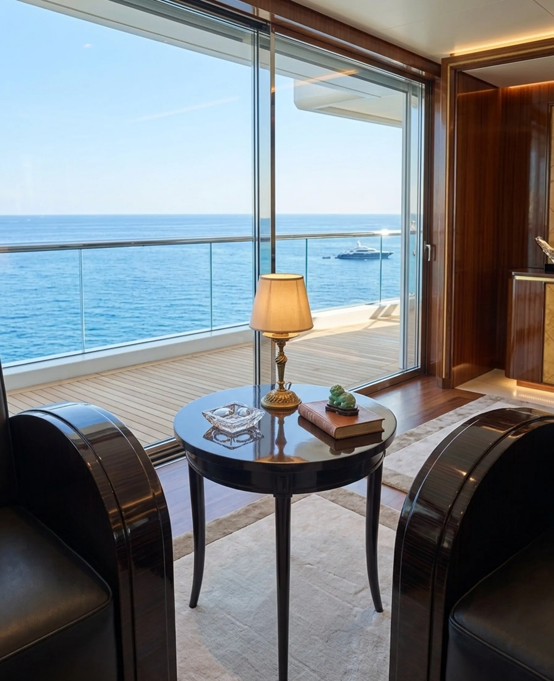 Antigua lámpara de mesa decorativa junto a ventana con vista al mar.