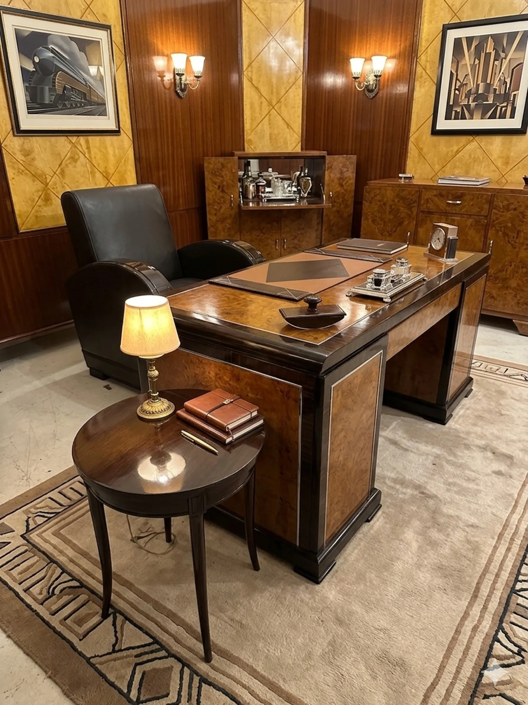 Petite table ancienne avec lampe et livres, dans un environnement élégant.