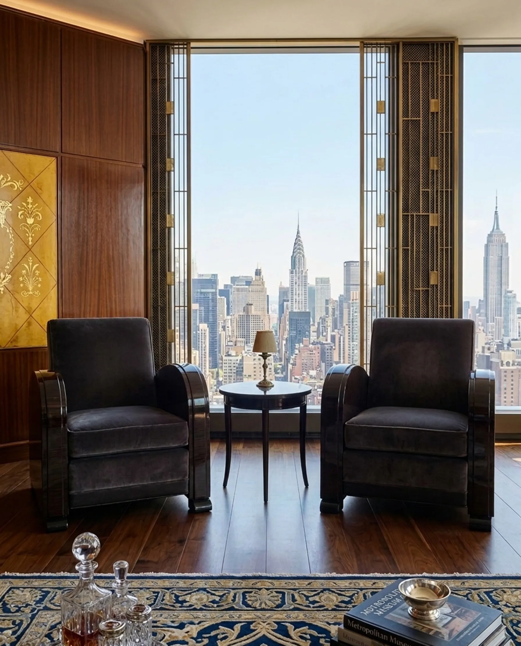 two antique armchairs in a room with a city view