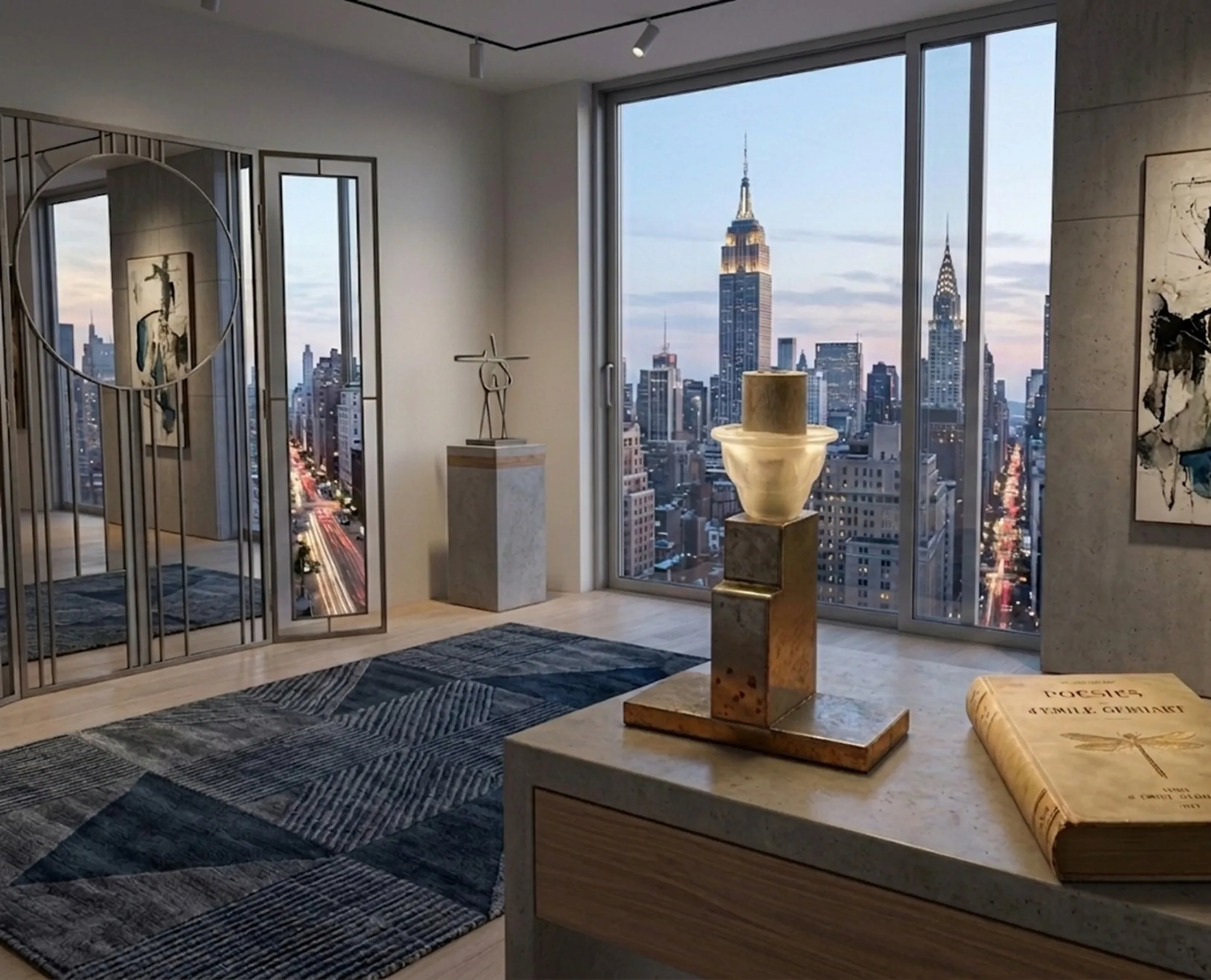 lampara de mesa antigua en un ambiente moderno con vista a la ciudad