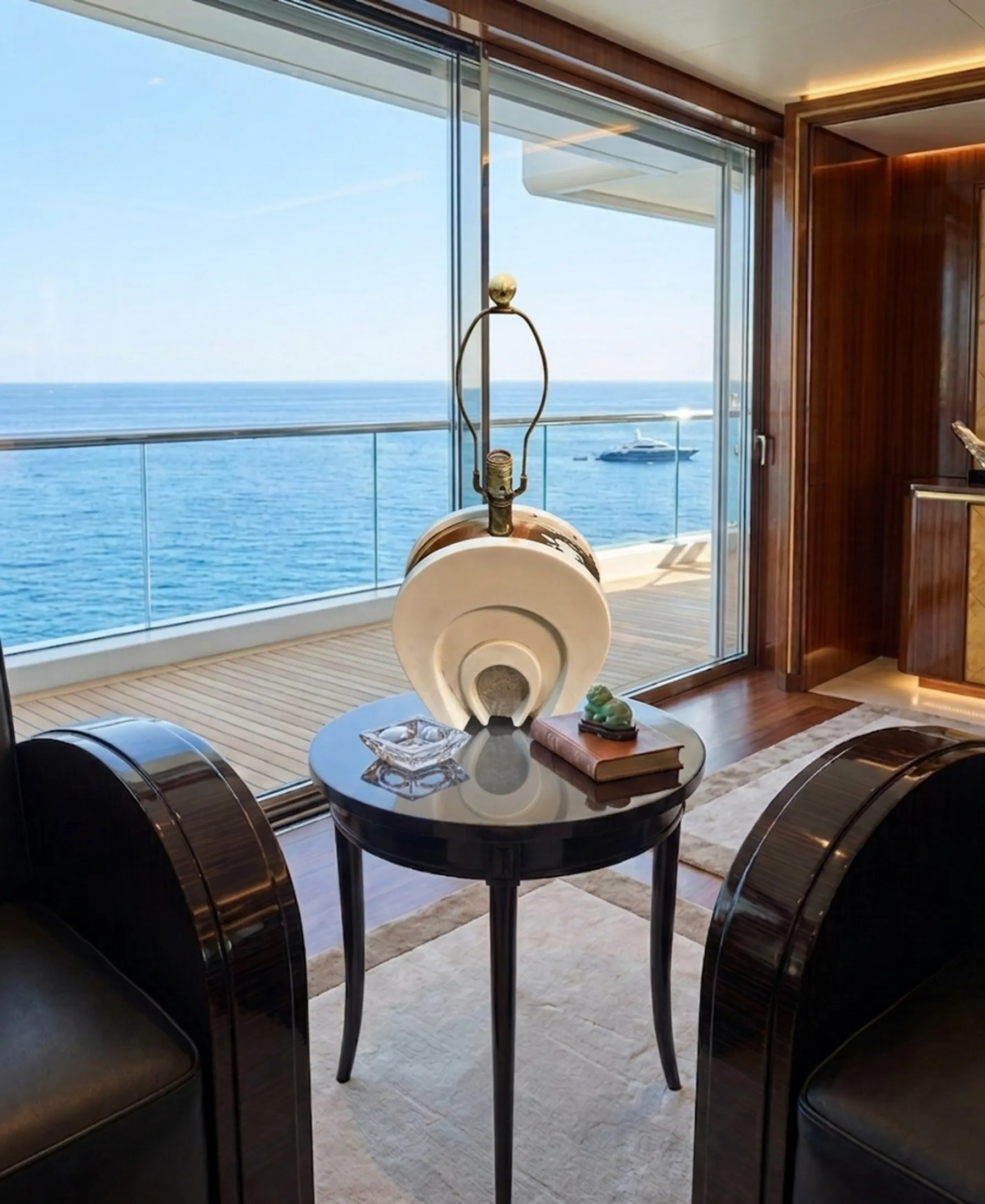 Antique table lamp with unique design in a modern seaside setting.