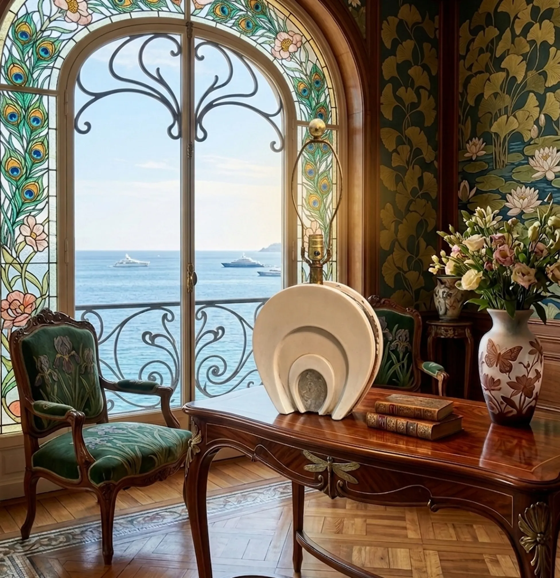 Lámpara de mesa antigua posada sobre una mesa elegante con ventana que da al mar.