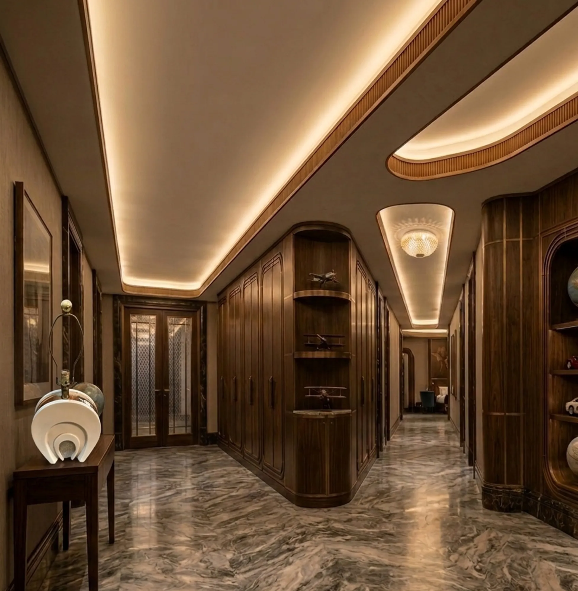 antique table lamp on a table in an elegant hallway with soft lighting