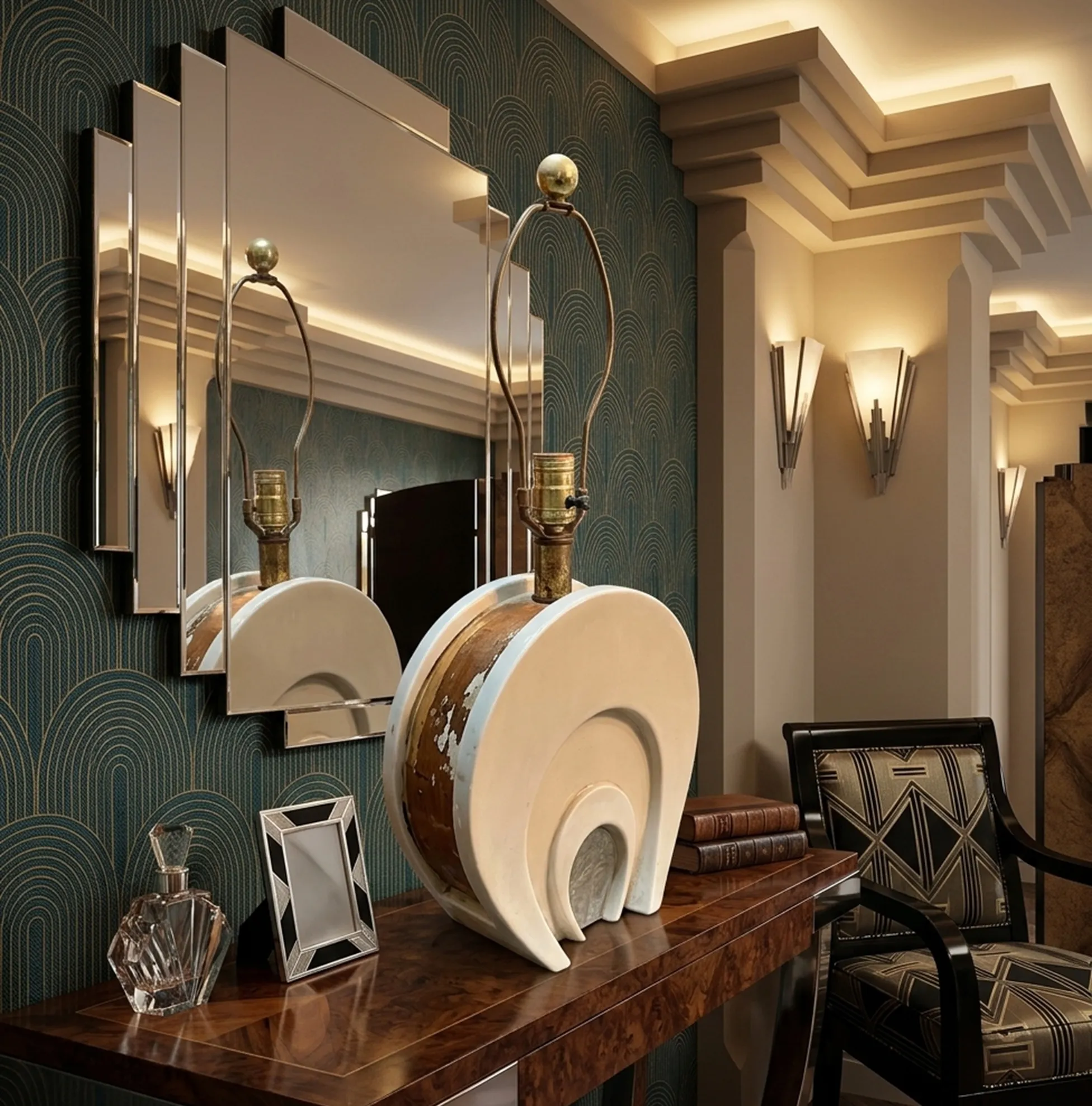 Antique table lamp with elegant design in a cozy setting.