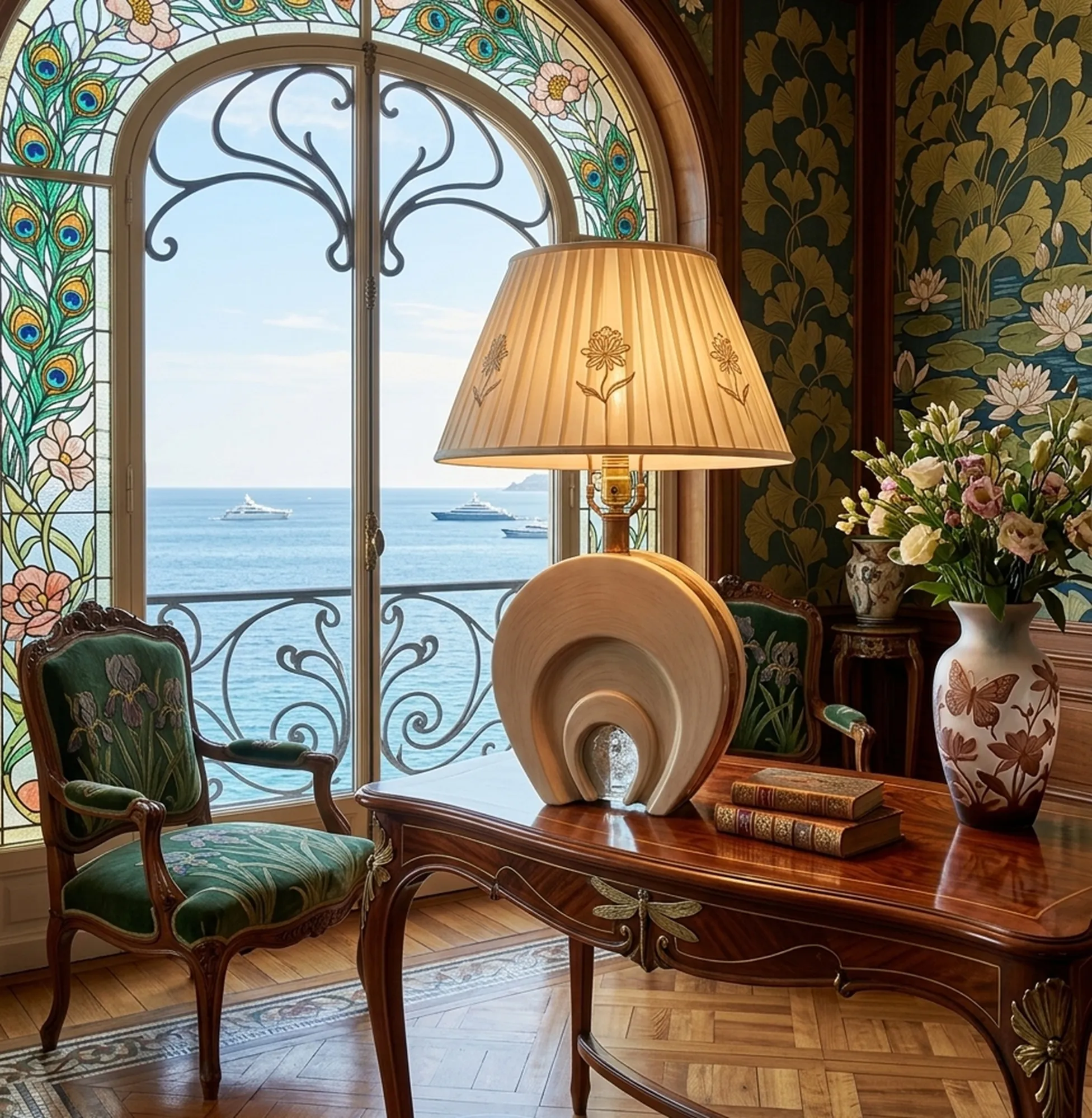 꽃으로 장식된 흰색 갓을 가진 고전적인 테이블 램프, 나무 테이블 위에