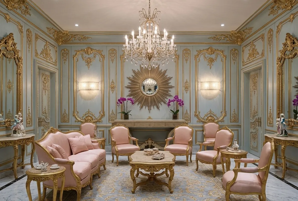 아름다운 파란색 벽을 장식하는 네 개의 고전적 벽 촛대.