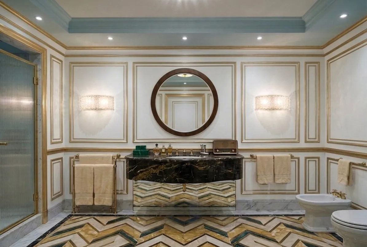 Quatre appliques anciens dans une salle de bain élégante avec miroirs et décoration luxueuse