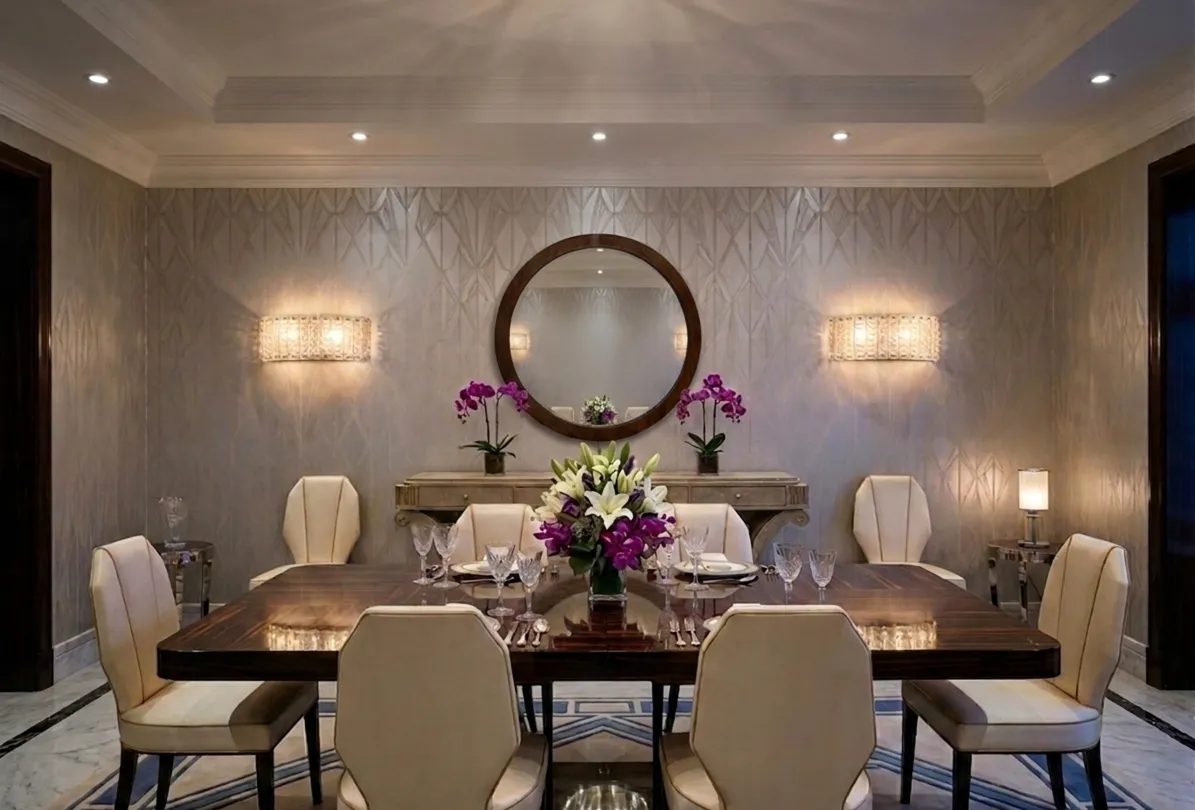 Four vintage sconces, showcasing elegance from the 1950s, illuminating a contemporary dining room.