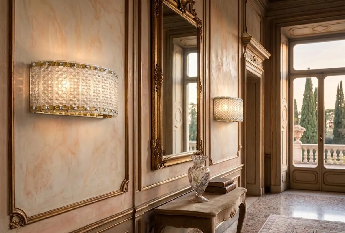 Quatre appliques murales anciennes décorant un mur élégant avec un miroir et une plante en arrière-plan