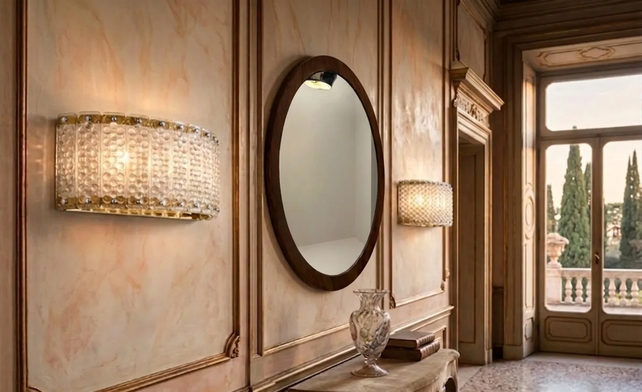 Specchio antico decorativo ovale sulla parete con luci