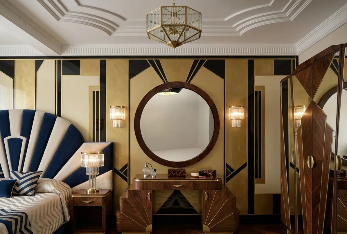 antique mirror in art deco decor with elegant lights and furnishings