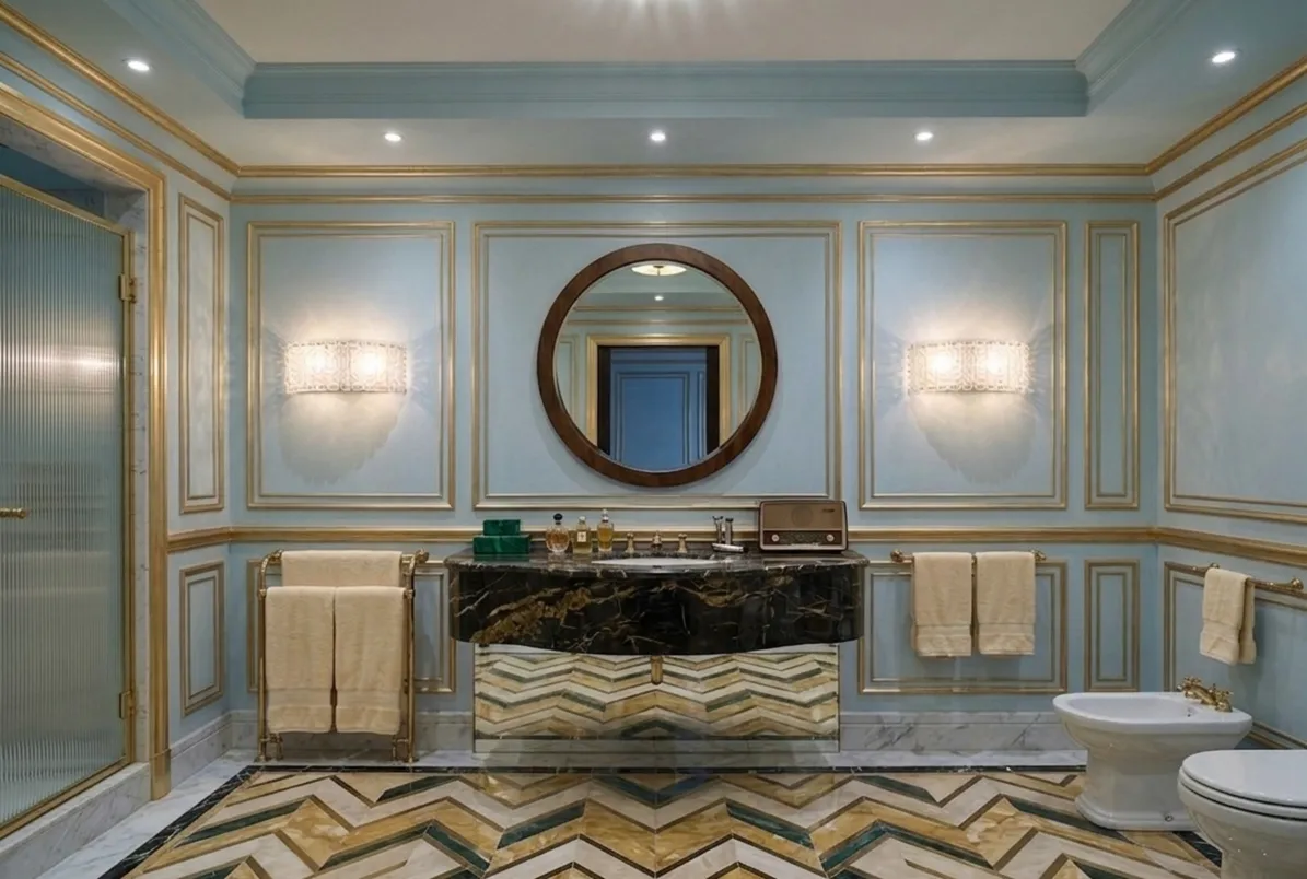 miroir ancien dans la salle de bain avec lumière et décor