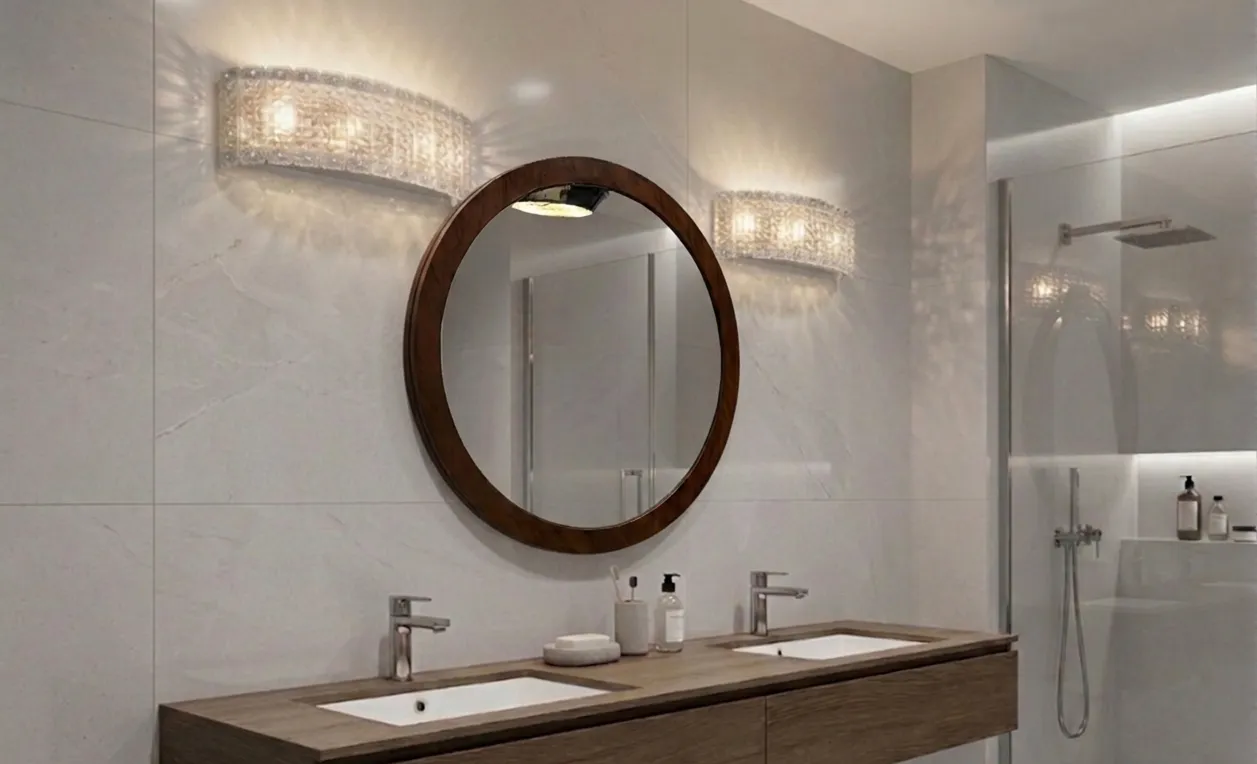 round antique mirror in bathroom with lights