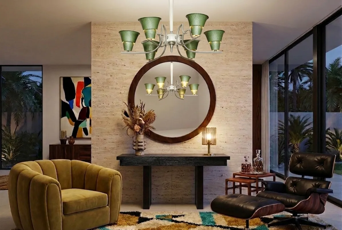 круглое антикварное зеркало в элегантной гостиной с огнями