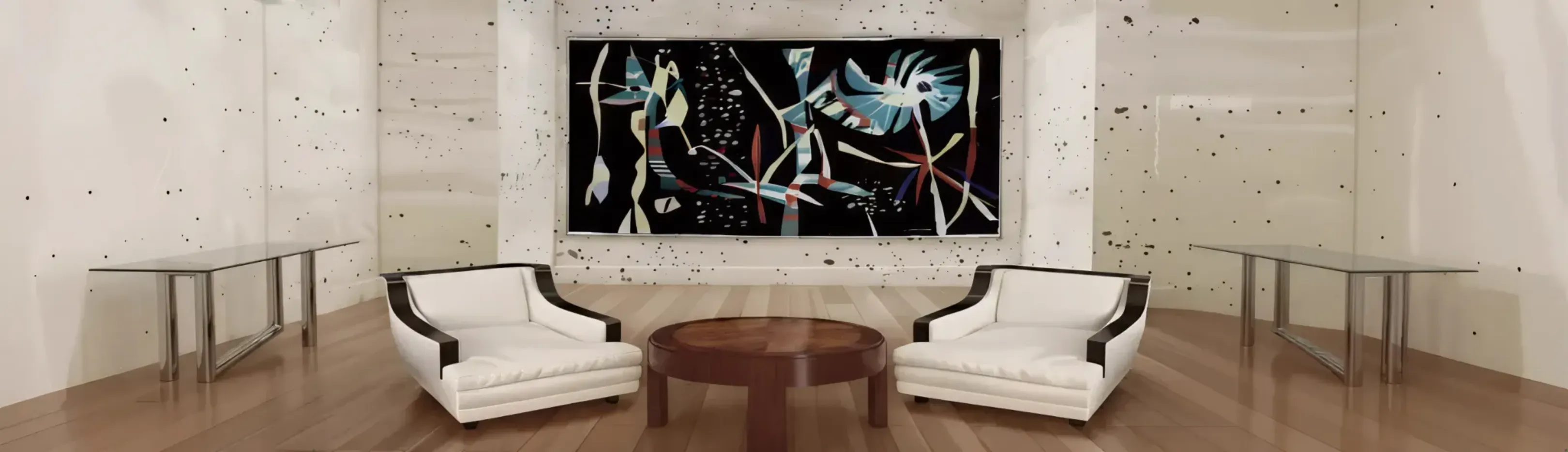 due poltrone antiche collocate in una sala elegante con arte moderno.