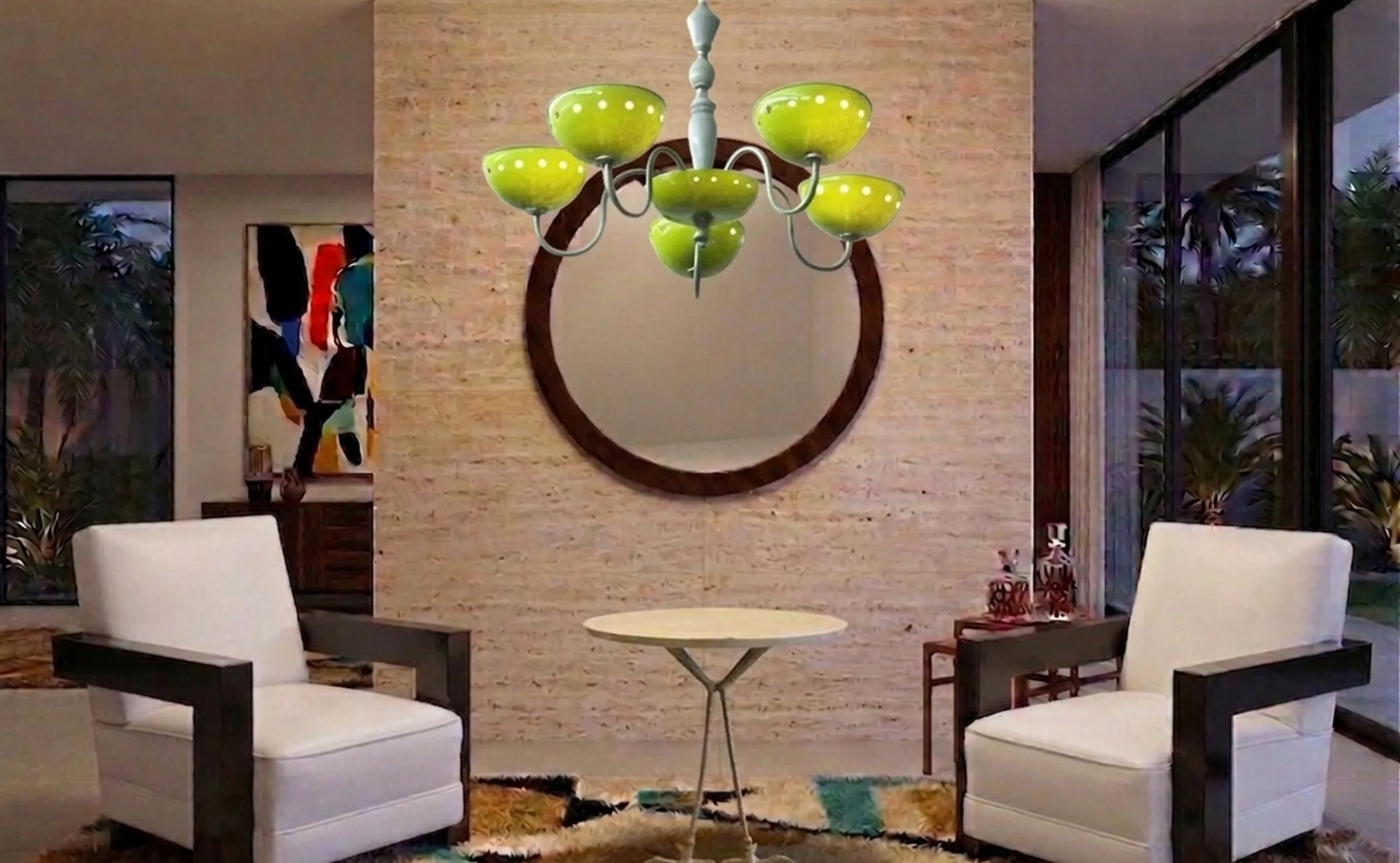 Dos sillones antiguos en una sala moderna con lámpara y espejo