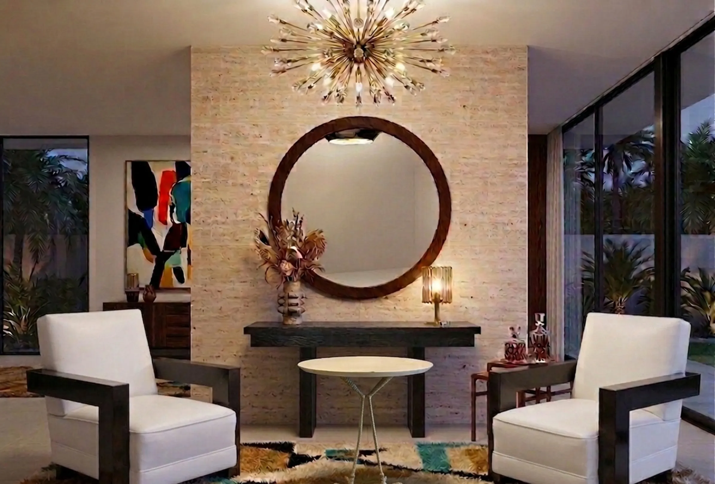 deux fauteuils blancs au design élégant dans un salon moderne, décorés d'une table ronde et d'un grand miroir.