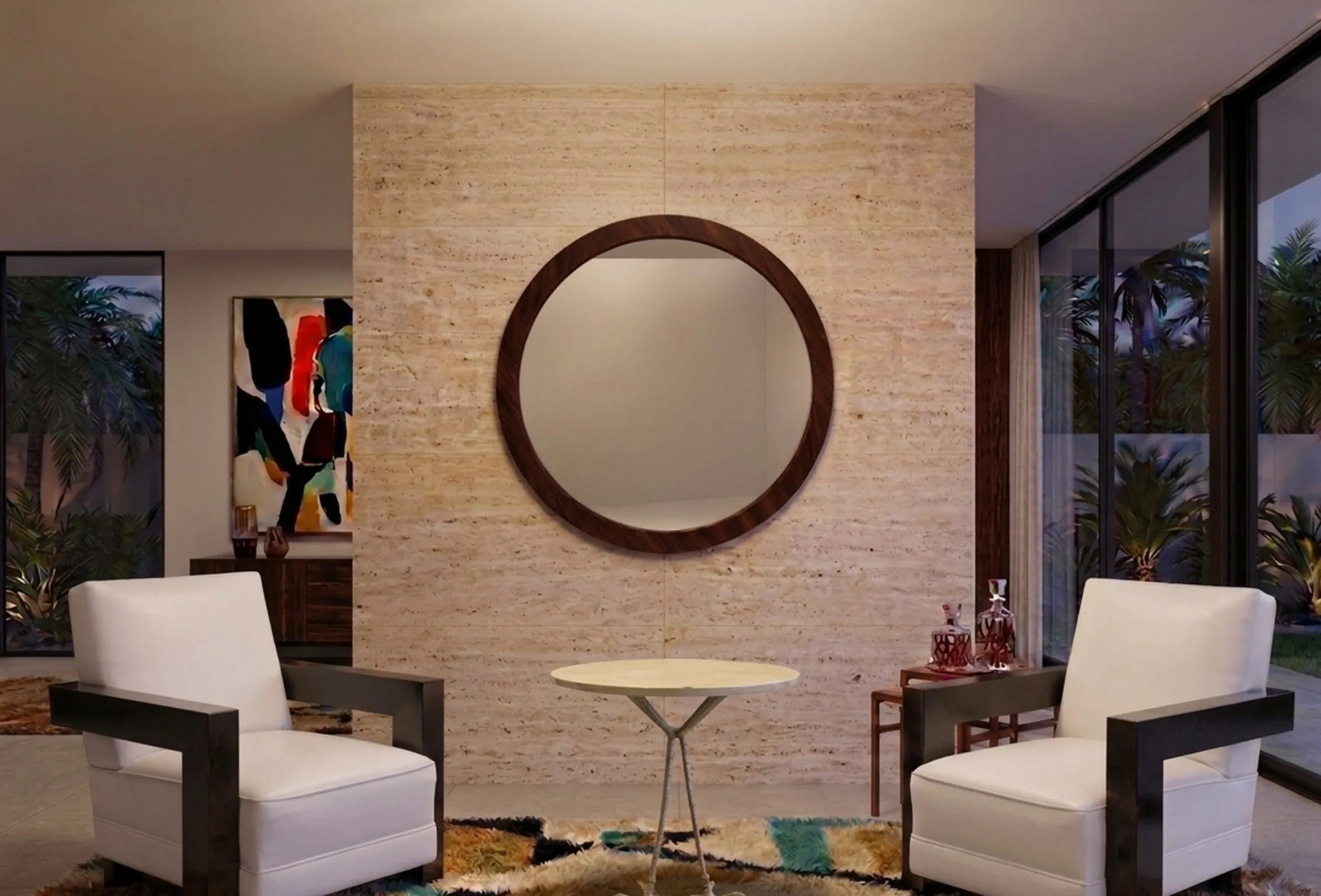 vue d'une table ronde antique dans une pièce moderne avec peinture et chaises