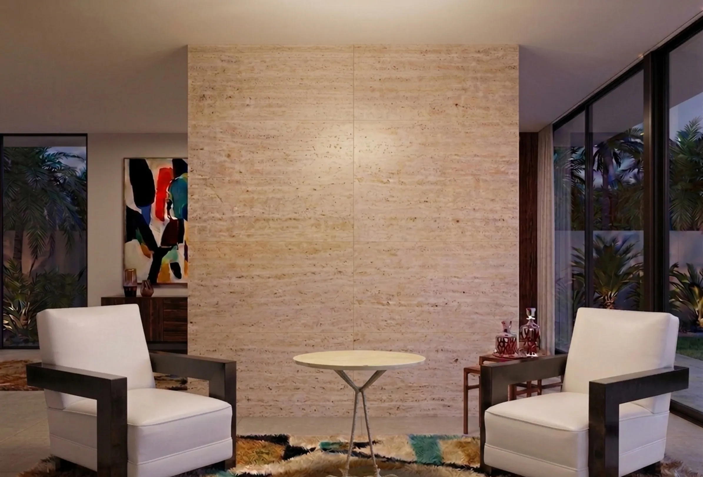 antique round table in a modern living room with armchairs