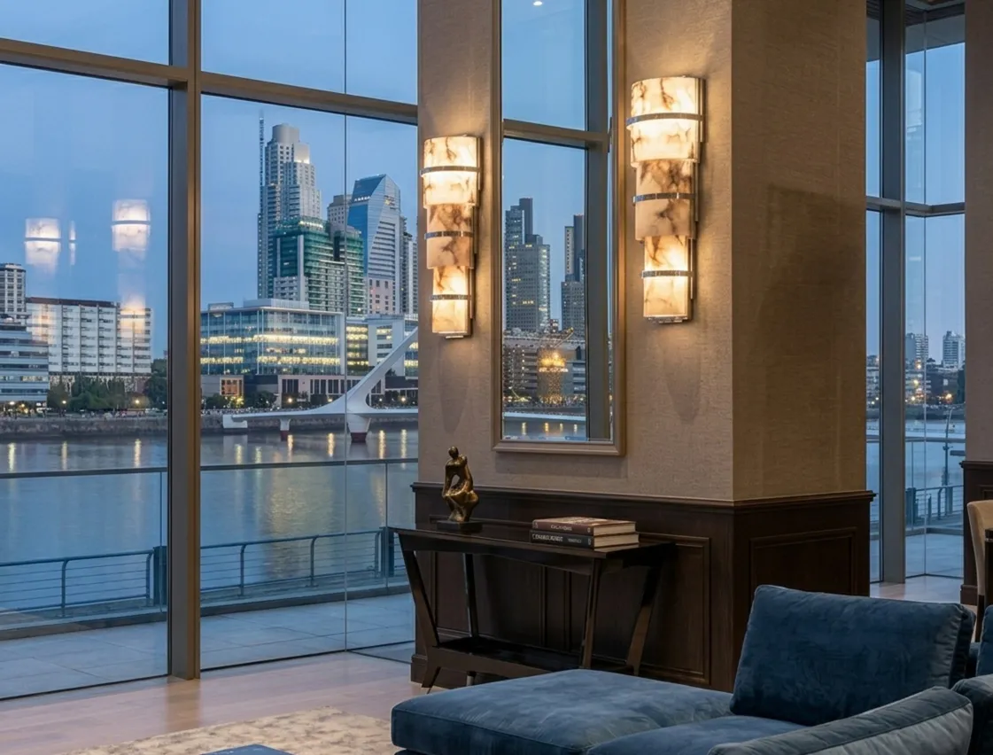 현대적인 방에 부드러운 빛을 비추는 고대 벽등