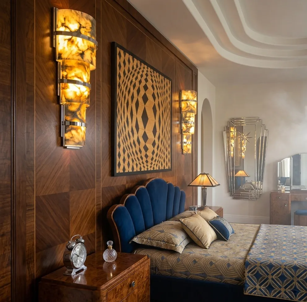 Par de luminárias de parede antigas em ambiente elegante com cama e decoração.