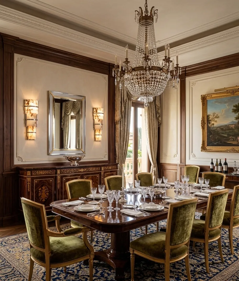 Par de luminárias de parede antigas em uma sala de jantar elegante.